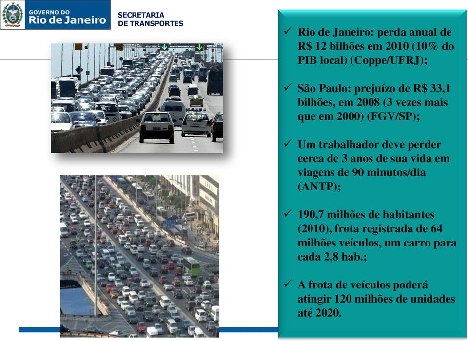 sua vida em viagens de 90 minutos/dia (ANTP); 190,7 milhões de habitantes (2010), frota registrada de 64