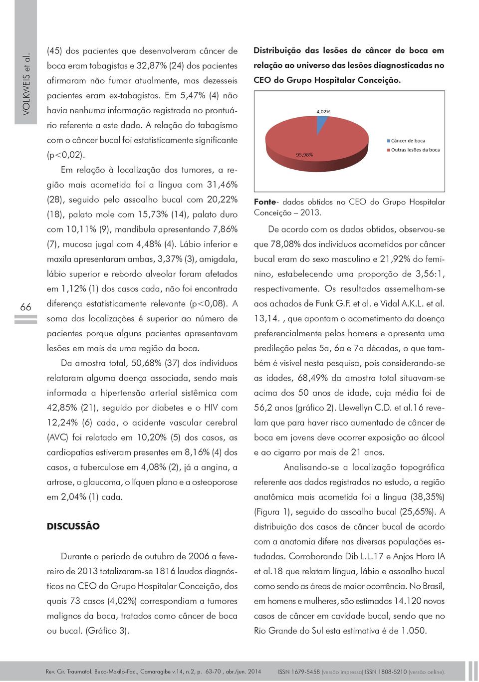 Em relação à localização dos tumores, a região mais acometida foi a língua com 31,46% (28), seguido pelo assoalho bucal com 20,22% (18), palato mole com 15,73% (14), palato duro com 10,11% (9),