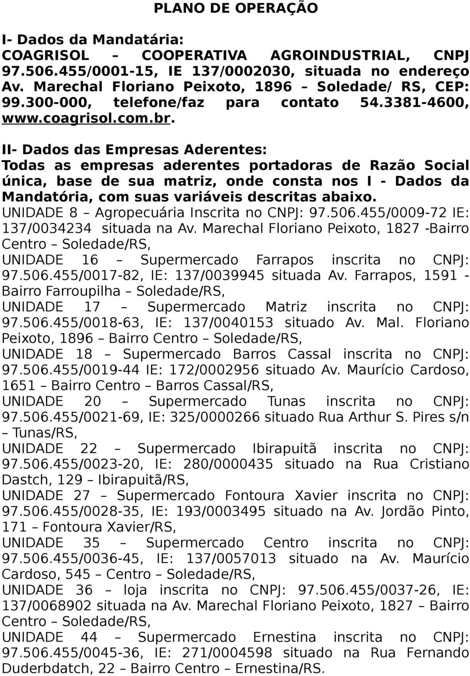 II- Dados das Empresas Aderentes: Todas as empresas aderentes portadoras de Razão Social única, base de sua matriz, onde consta nos I - Dados da Mandatória, com suas variáveis descritas abaixo.