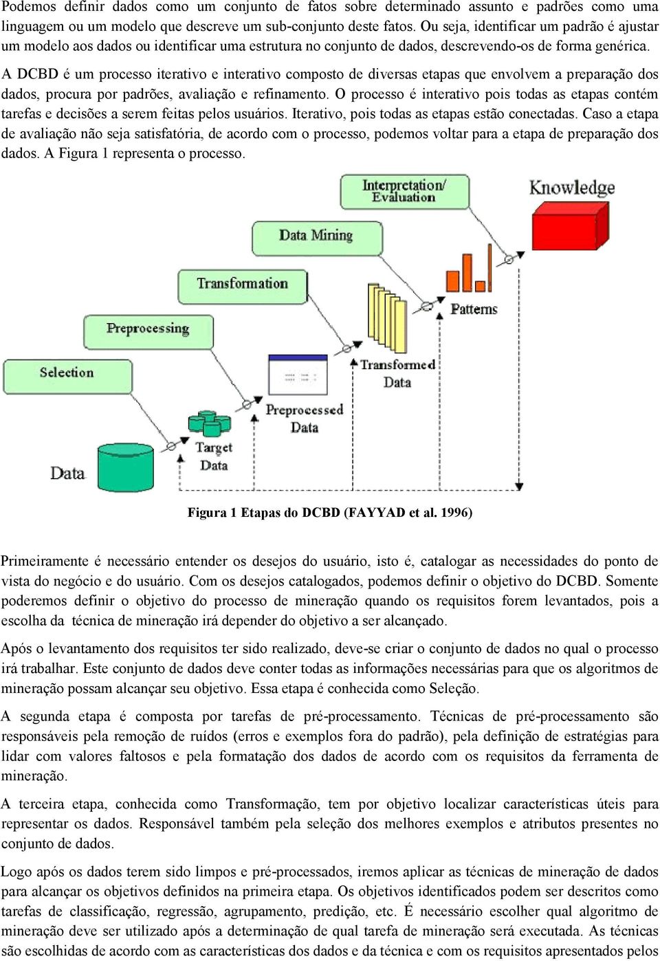 A DCBD é um processo iterativo e interativo composto de diversas etapas que envolvem a preparação dos dados, procura por padrões, avaliação e refinamento.