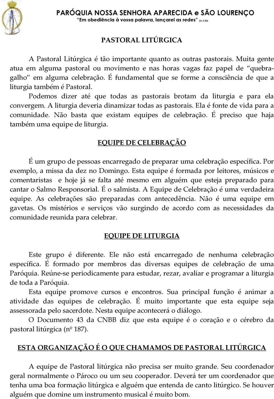 A liturgia deveria dinamizar todas as pastorais. Ela é fonte de vida para a comunidade. Não basta que existam equipes de celebração. É preciso que haja também uma equipe de liturgia.