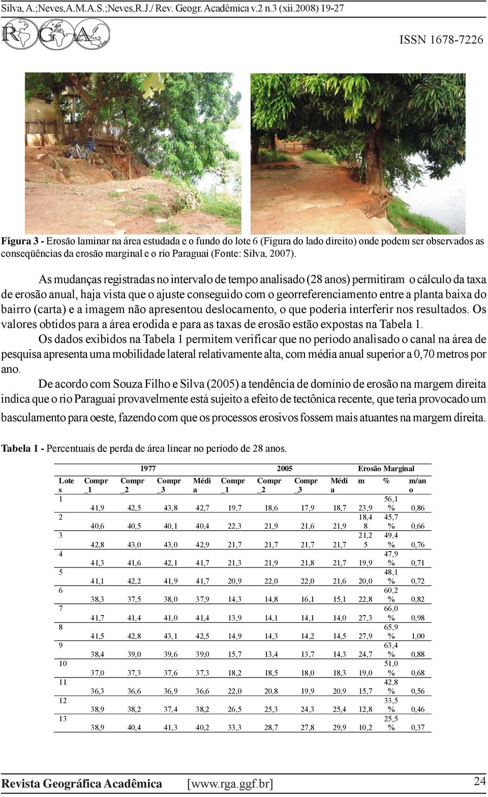 As mudanças registradas no intervalo de tempo analisado (28 anos) permitiram o cálculo da taxa de erosão anual, haja vista que o ajuste conseguido com o georreferenciamento entre a planta baixa do