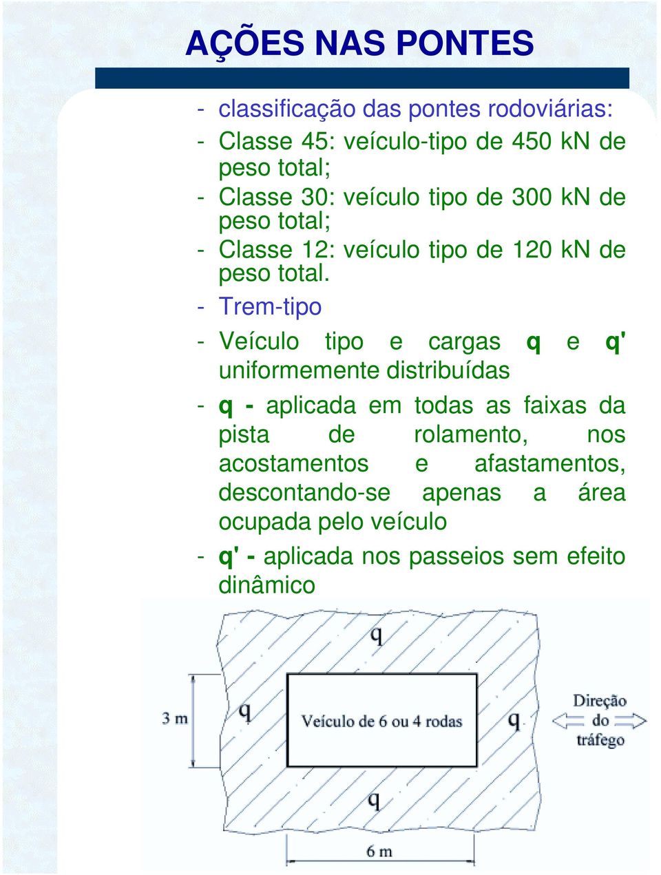 - Tre-tipo - Veículo tipo e cargas q e q' uniforeente distribuídas - q - aplicada e todas as faixas da