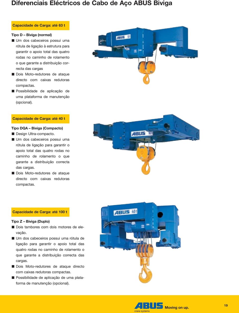 Possibilidade de aplicação de uma plataforma de manutenção (opcional). Capacidade de Carga: até 40 t Tipo DQA Biviga (Compacto) Design Ultra-compacto.