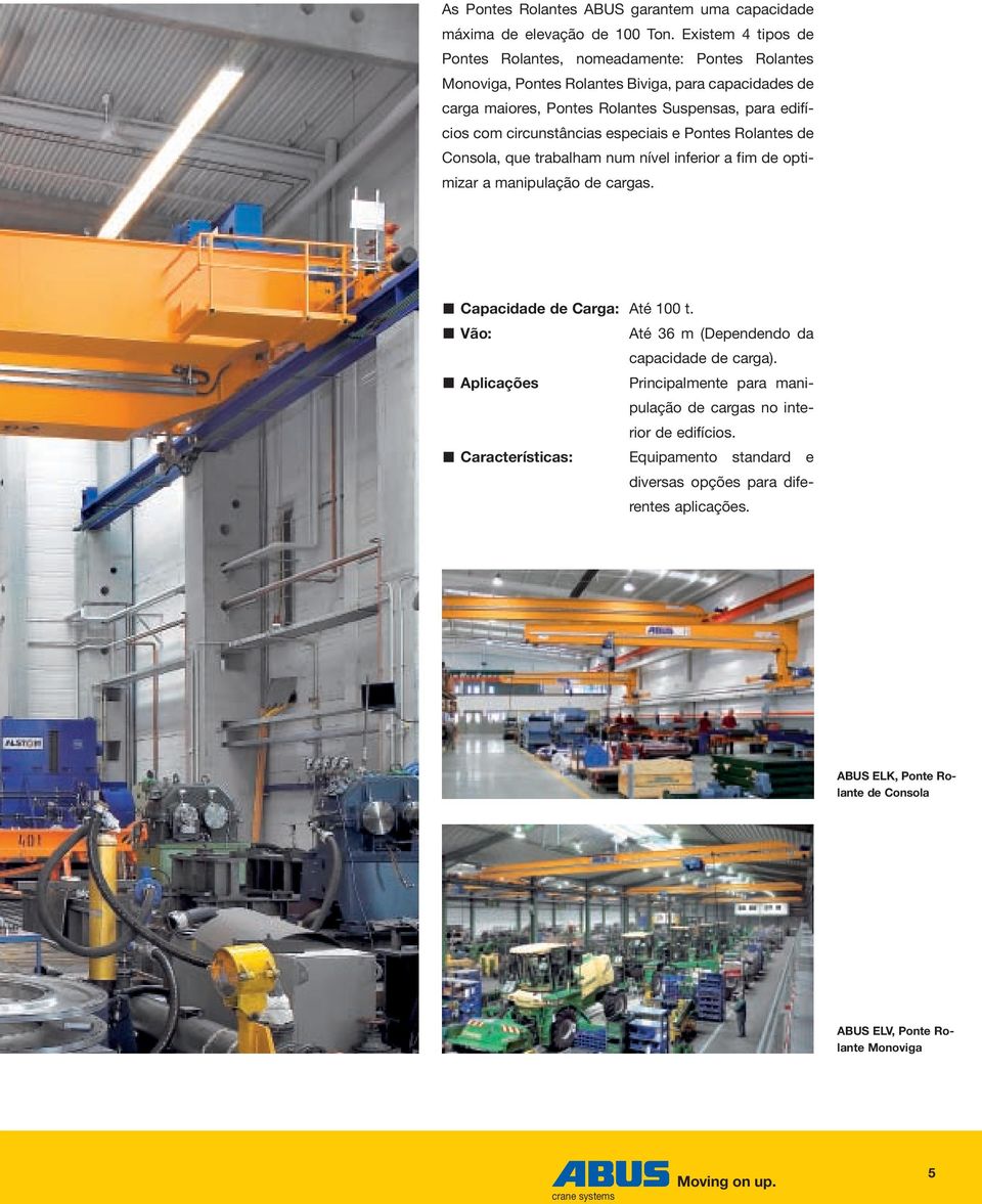 com circunstâncias especiais e Pontes Rolantes de Consola, que trabalham num nível inferior a fim de optimizar a manipulação de cargas. Capacidade de Carga: Até 100 t.