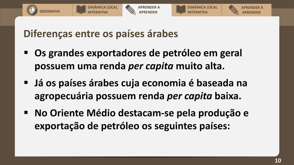 Já os países árabes cuja economia é baseada na agropecuária possuem renda