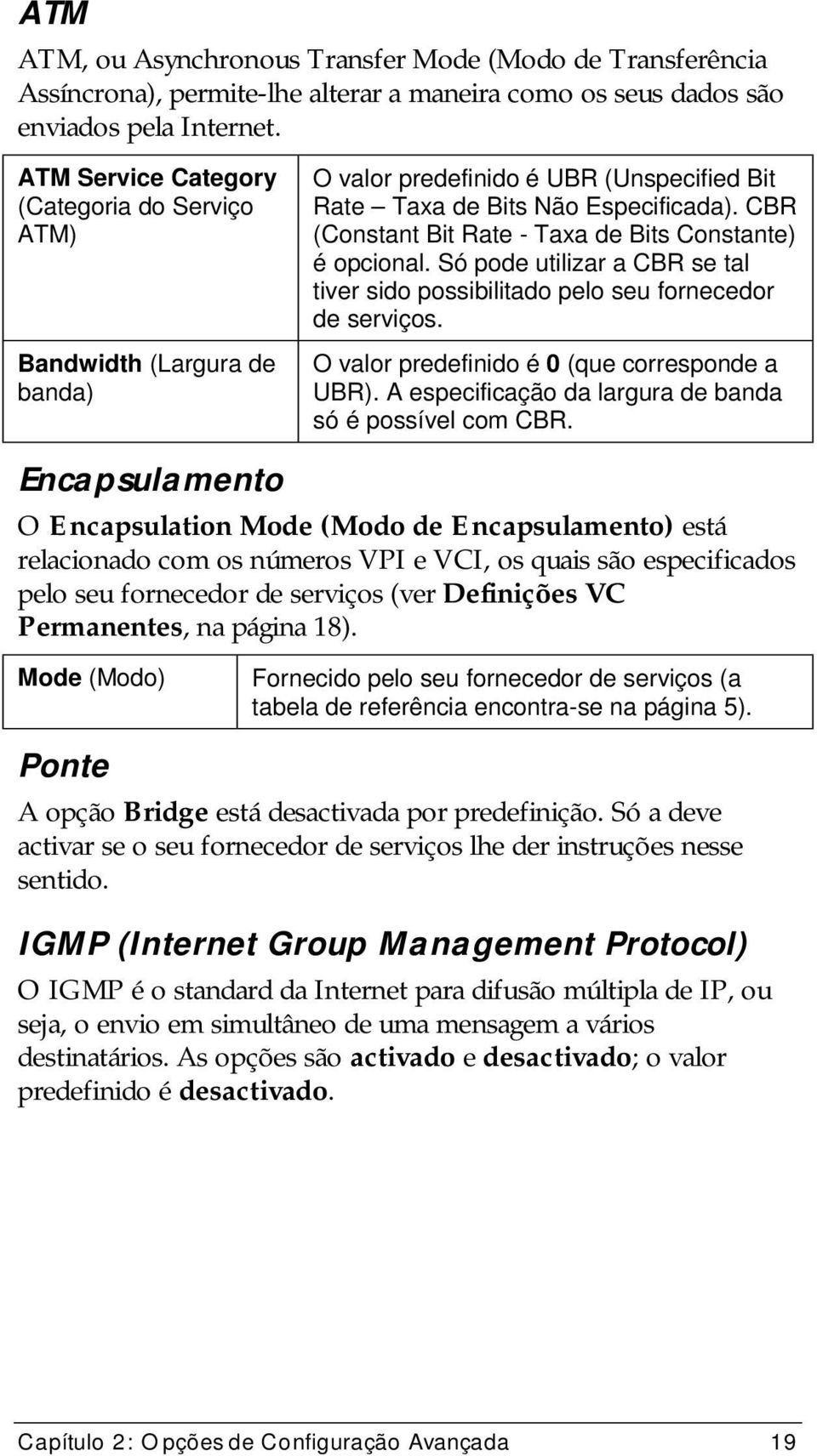 CBR (Constant Bit Rate - Taxa de Bits Constante) é opcional. Só pode utilizar a CBR se tal tiver sido possibilitado pelo seu fornecedor de serviços. O valor predefinido é 0 (que corresponde a UBR).