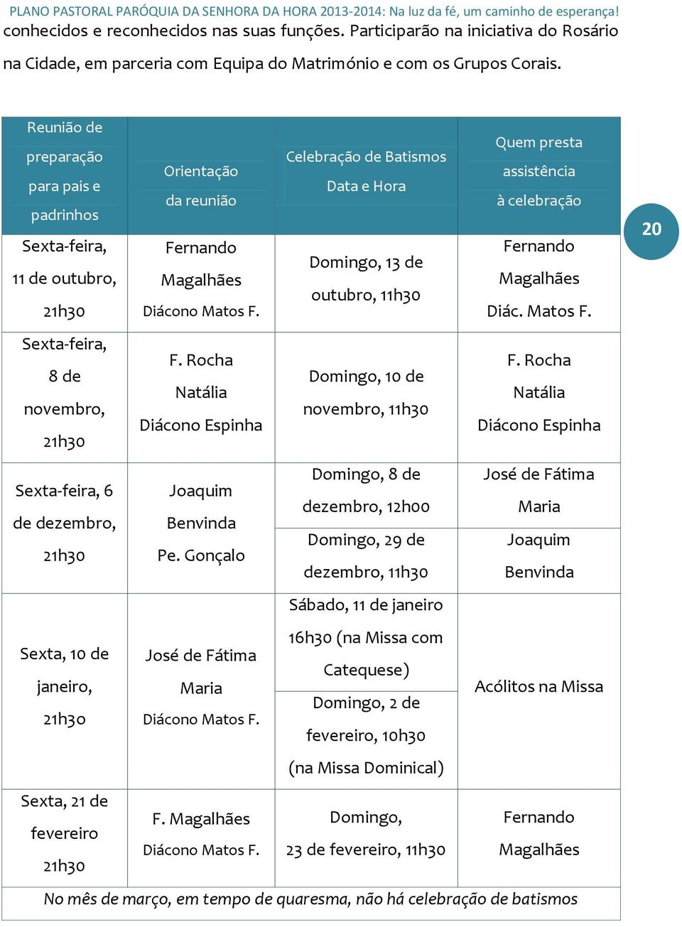 Magalhães Magalhães outubro, 11h30 21h30 Diácono Matos F. Diác. Matos F. Sexta-feira, F. Rocha F.