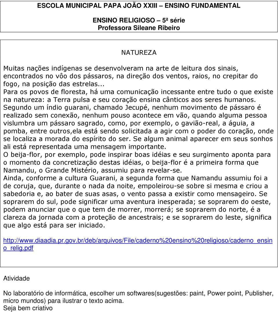 Segundo um índio guarani, chamado Jecupé, nenhum movimento de pássaro é realizado sem conexão, nenhum pouso acontece em vão, quando alguma pessoa vislumbra um pássaro sagrado, como, por exemplo, o