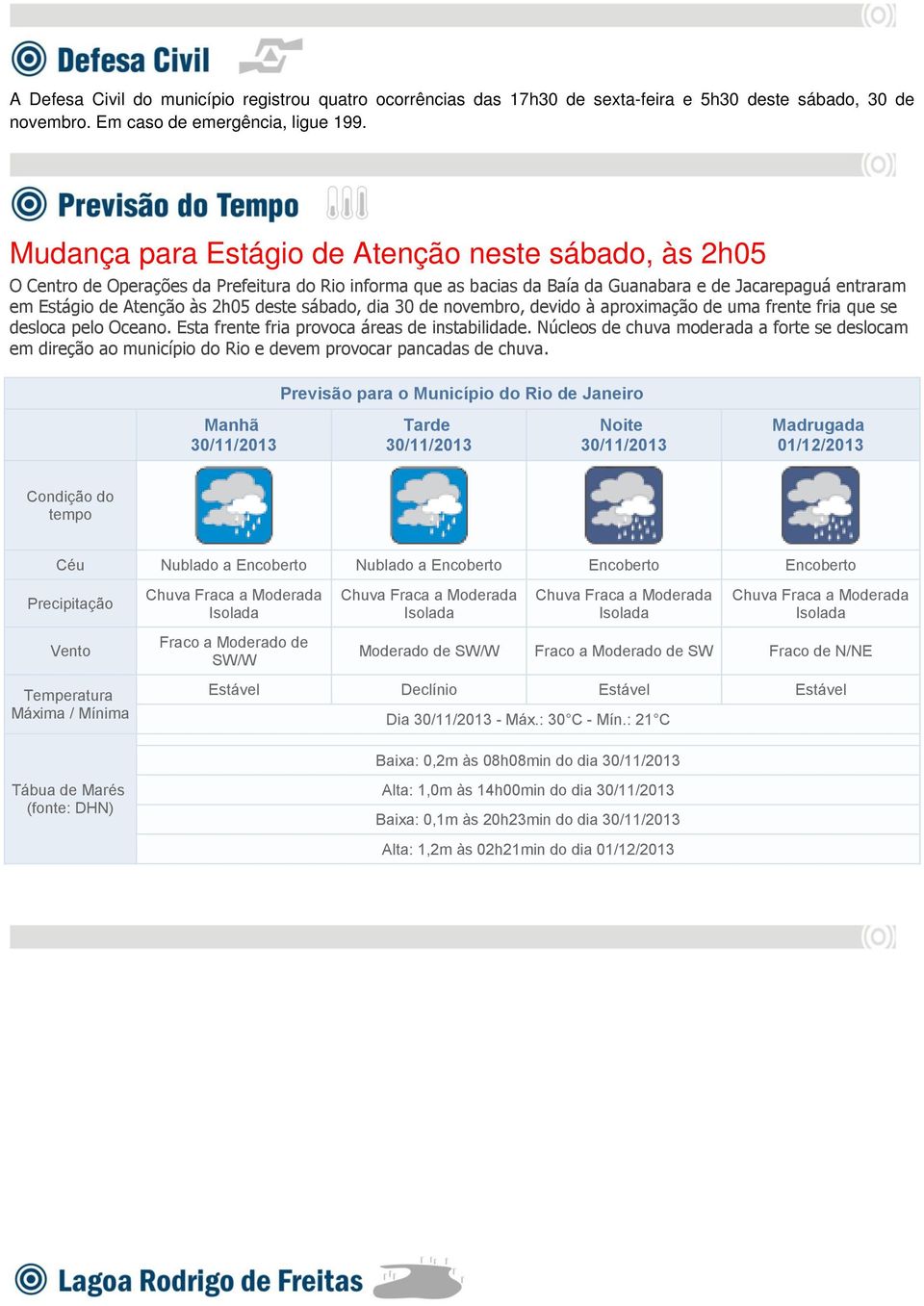 deste sábado, dia 30 de novembro, devido à aproximação de uma frente fria que se desloca pelo Oceano. Esta frente fria provoca áreas de instabilidade.