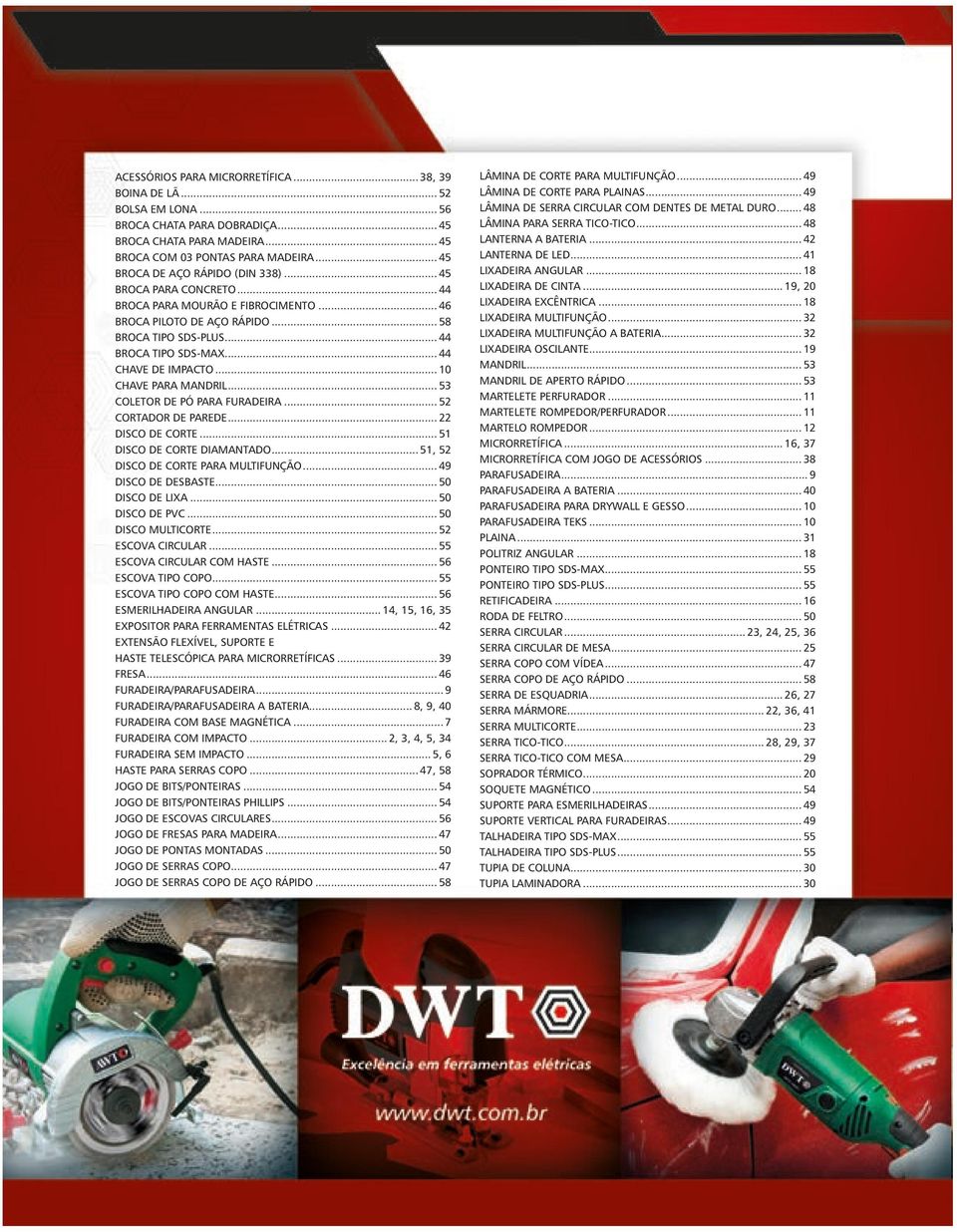 .. 44 CHAVE DE IMPACTO... 10 CHAVE PARA MANDRIL... 53 COLETOR DE PÓ PARA FURADEIRA... 52 CORTADOR DE PAREDE... 22 DISCO DE CORTE... 51 DISCO DE CORTE DIAMANTADO.