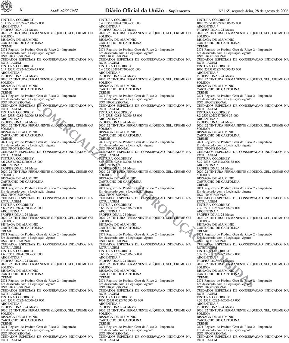 ESPECIAIS DE CONSERVA INDICADOS NA ROTU 66 25351028247/2006-35 000 2020122 TINTURA PERMANENTE (LÍQUIDO, GEL, OU CUIDADOS ESPECIAIS DE CONSERVA INDICADOS NA ROTU 56 25351028247/2006-35 000 2020122