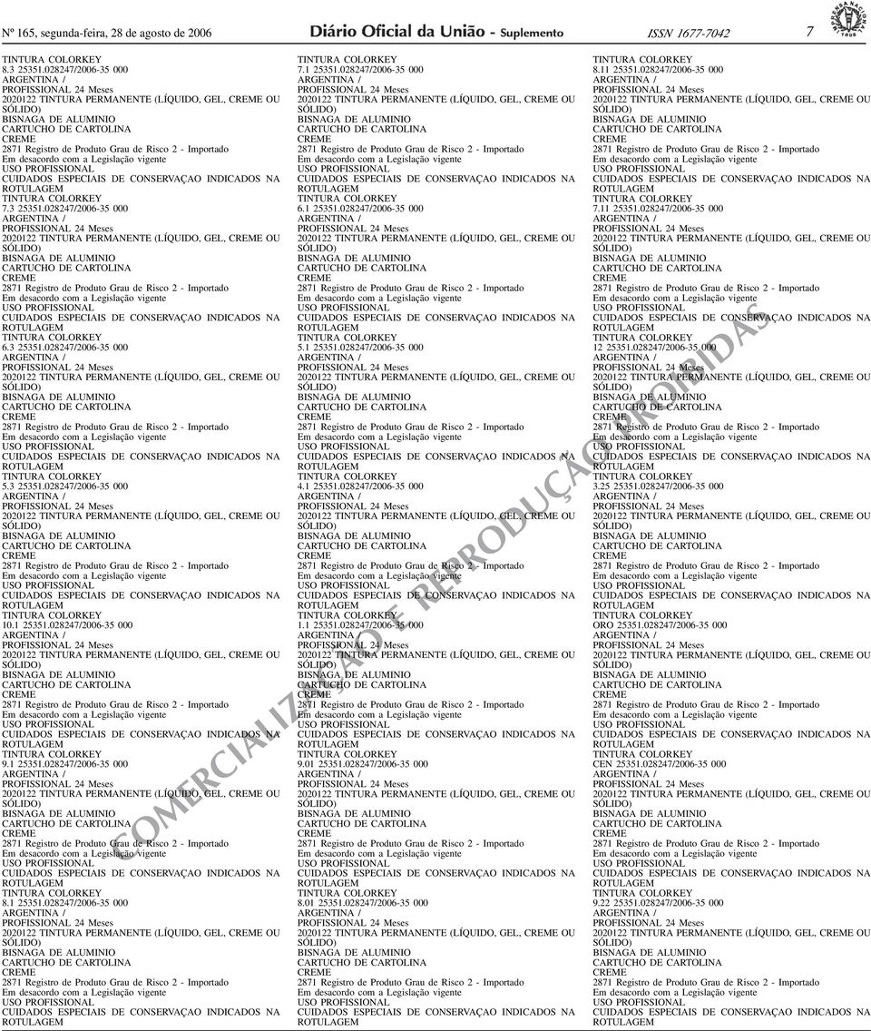 ESPECIAIS DE CONSERVA INDICADOS NA ROTU 53 25351028247/2006-35 000 2020122 TINTURA PERMANENTE (LÍQUIDO, GEL, OU CUIDADOS ESPECIAIS DE CONSERVA INDICADOS NA ROTU 101 25351028247/2006-35 000 2020122