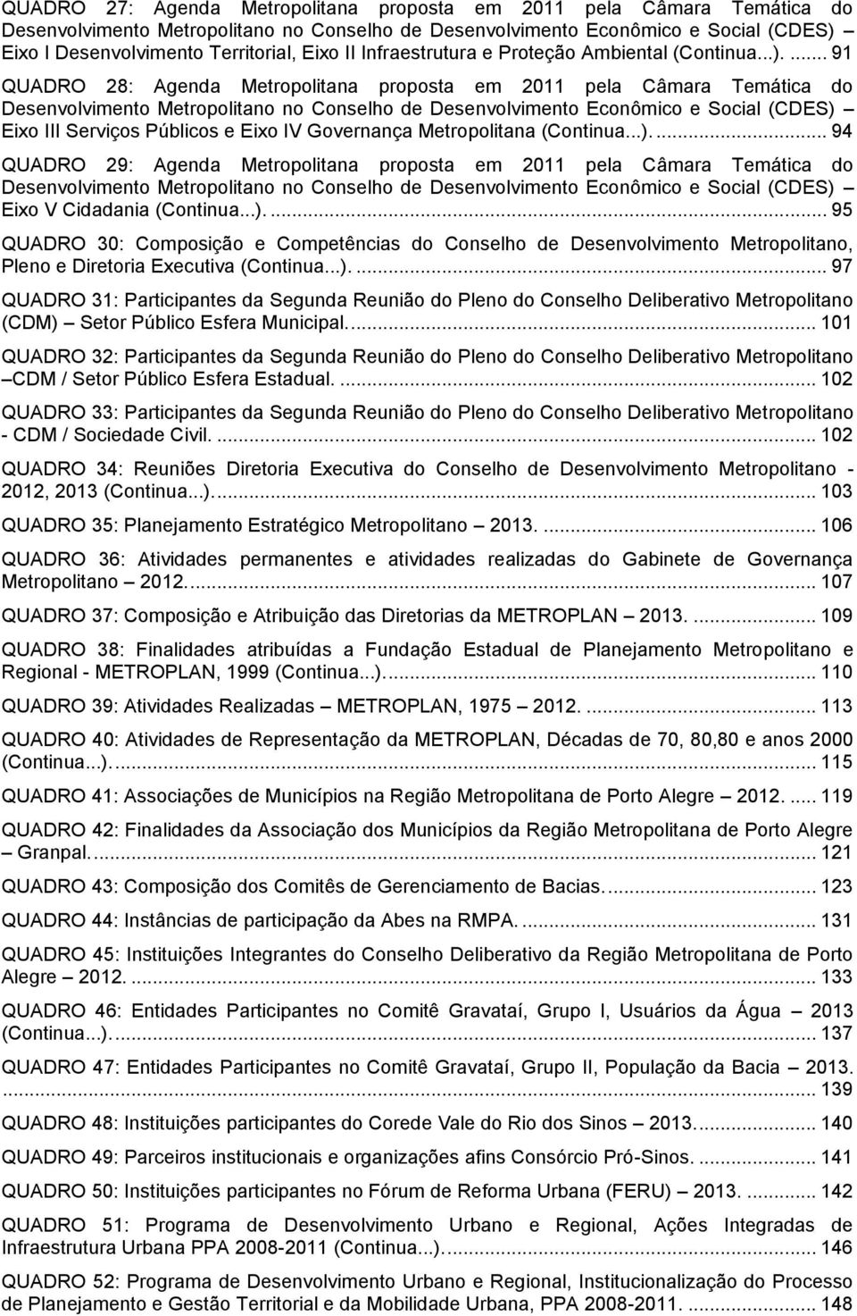 ... 91 QUADRO 28: Agenda Metropolitana proposta em 2011 pela Câmara Temática do Desenvolvimento Metropolitano no Conselho de Desenvolvimento Econômico e Social (CDES) Eixo III Serviços Públicos e