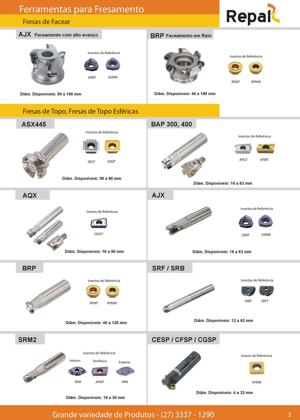 Disponíveis: 10 a 63 mm AQX AJX Inserto de Referência QOGT JDMT JOMW Diâm. Disponíveis: 16 a 50 mm Diâm. Disponíveis: 16 a 63 mm BRP SRF / SRB RPMT RPMW SRBT SRFT Diâm.