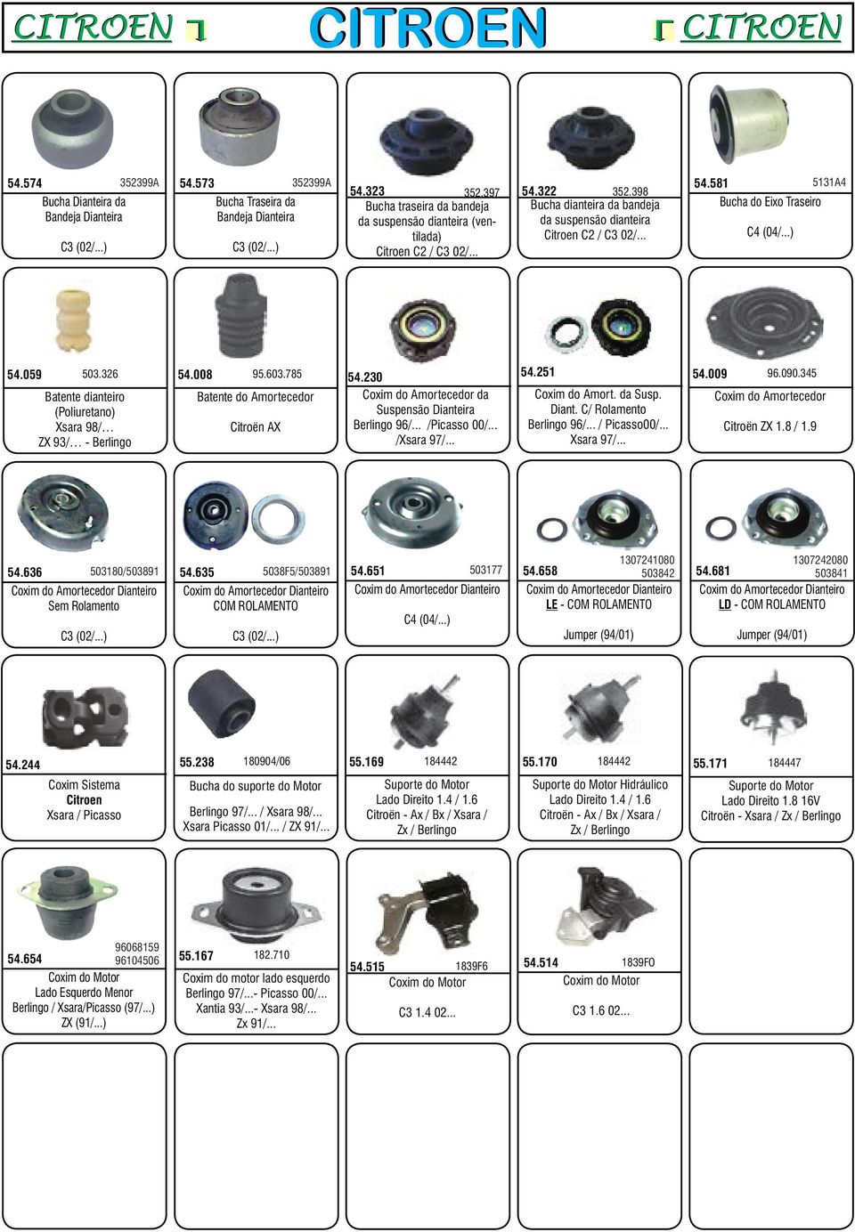 059 503.326 Batente dianteiro Xsara 98/ ZX 93/ - Berlingo 54.008 95.603.785 Batente do Amortecedor Citroën AX 54.230 Coxim do Amortecedor da Berlingo 96/... /Picasso 00/... /Xsara 97/... 54.251 Coxim do Amort.