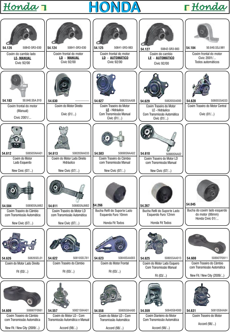 .. Todos automáticos 54.183 50.840.S5A.010 Coxim frontal do motor (Manual) Civic 2001/... 54.630 Coxim do Motor Direito Civic (01/...) -------------- 54.