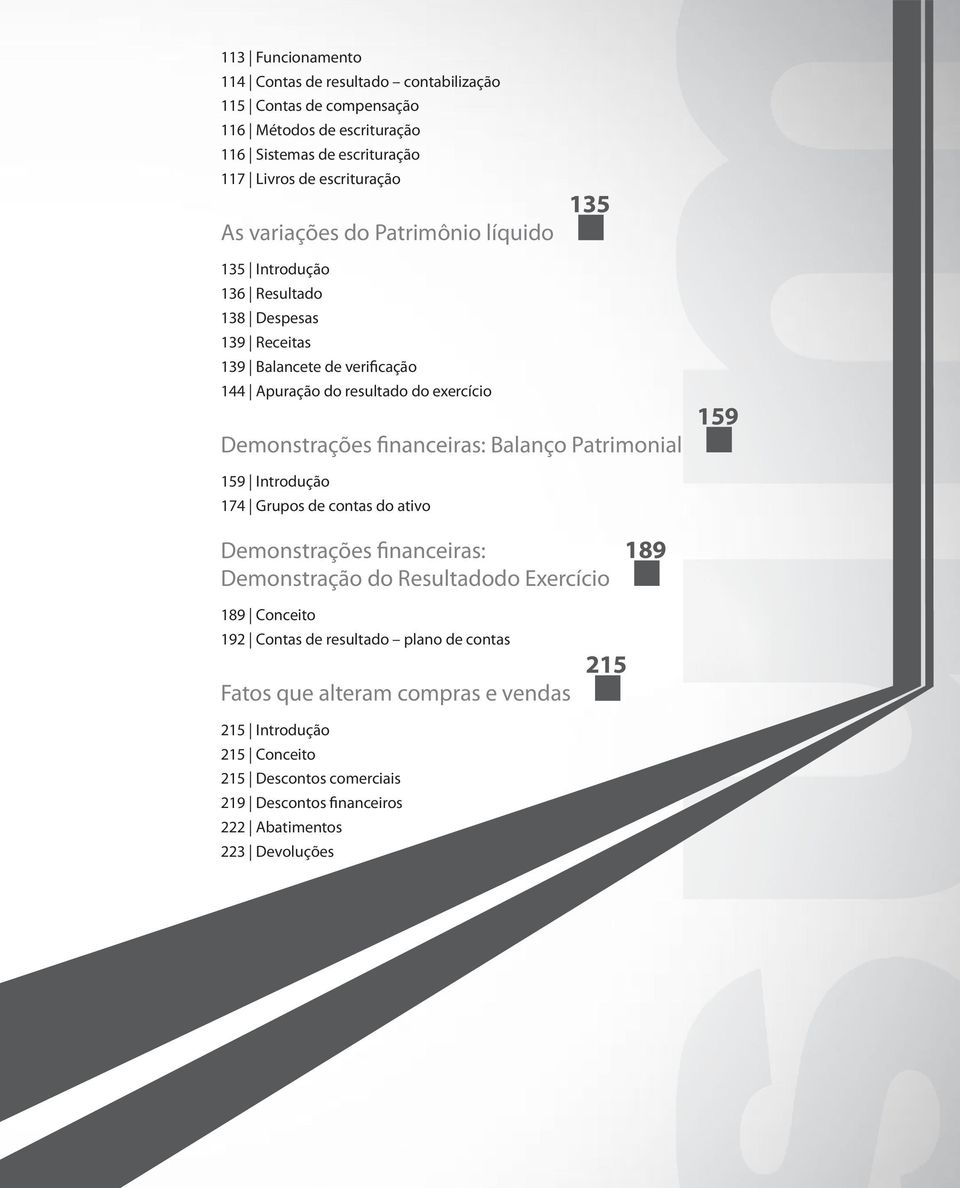 financeiras: Balanço Patrimonial 159 159 Introdução 174 Grupos de contas do ativo Demonstrações financeiras: Demonstração do Resultadodo Exercício 189 189 Conceito 192