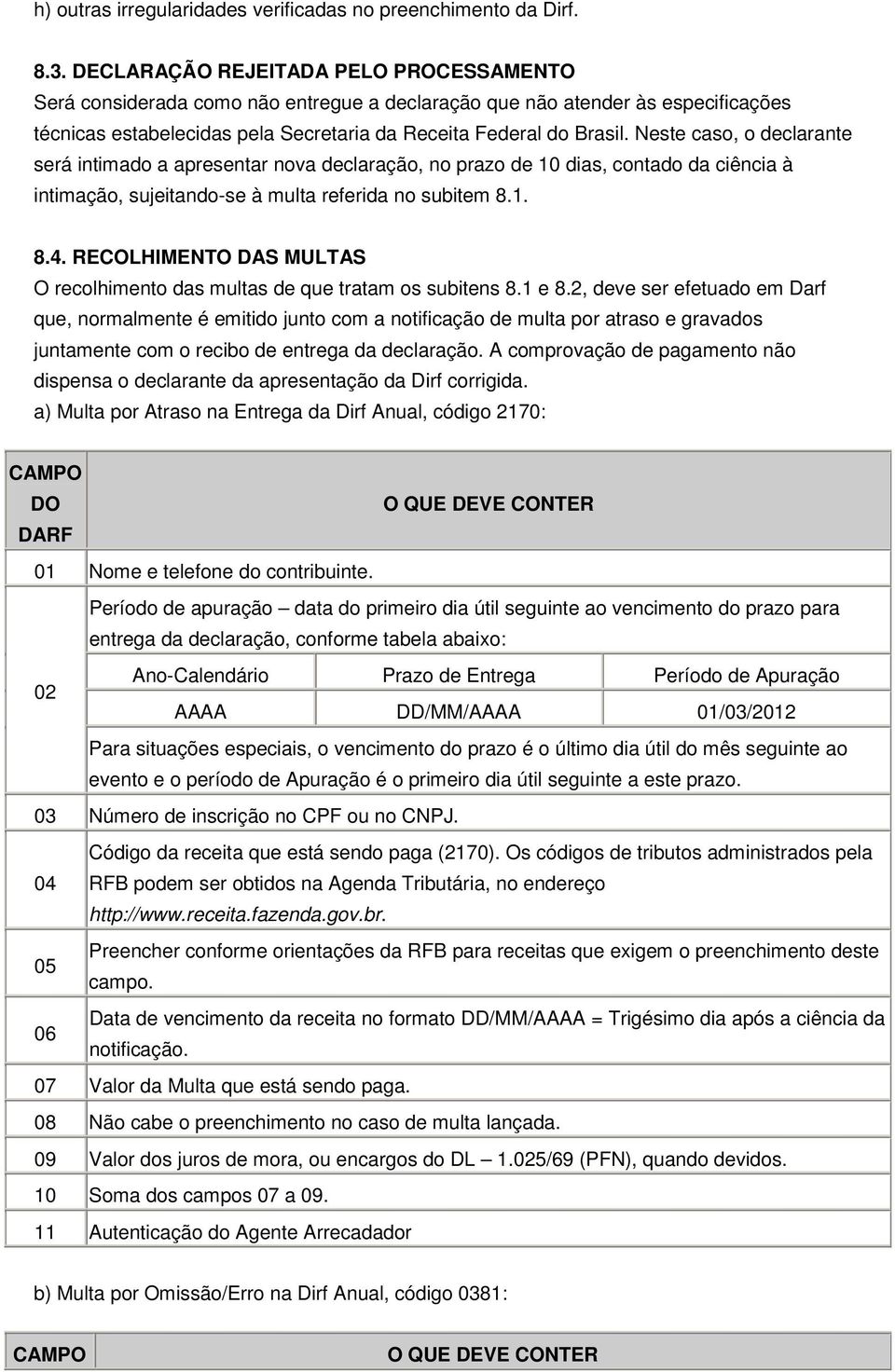 Neste caso, o declarante será intimado a apresentar nova declaração, no prazo de 10 dias, contado da ciência à intimação, sujeitando-se à multa referida no subitem 8.1. 8.4.