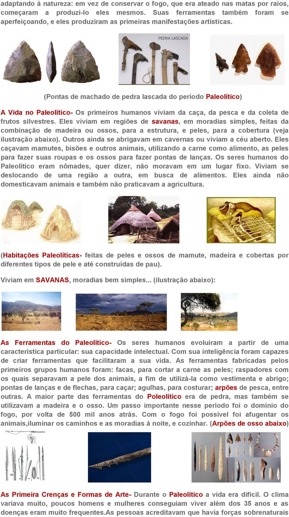 (Pontas de machado de pedra lascada do período Paleolítico) A Vida no Paleolítico- Os primeiros humanos viviam da caça, da pesca e da coleta de frutos silvestres.