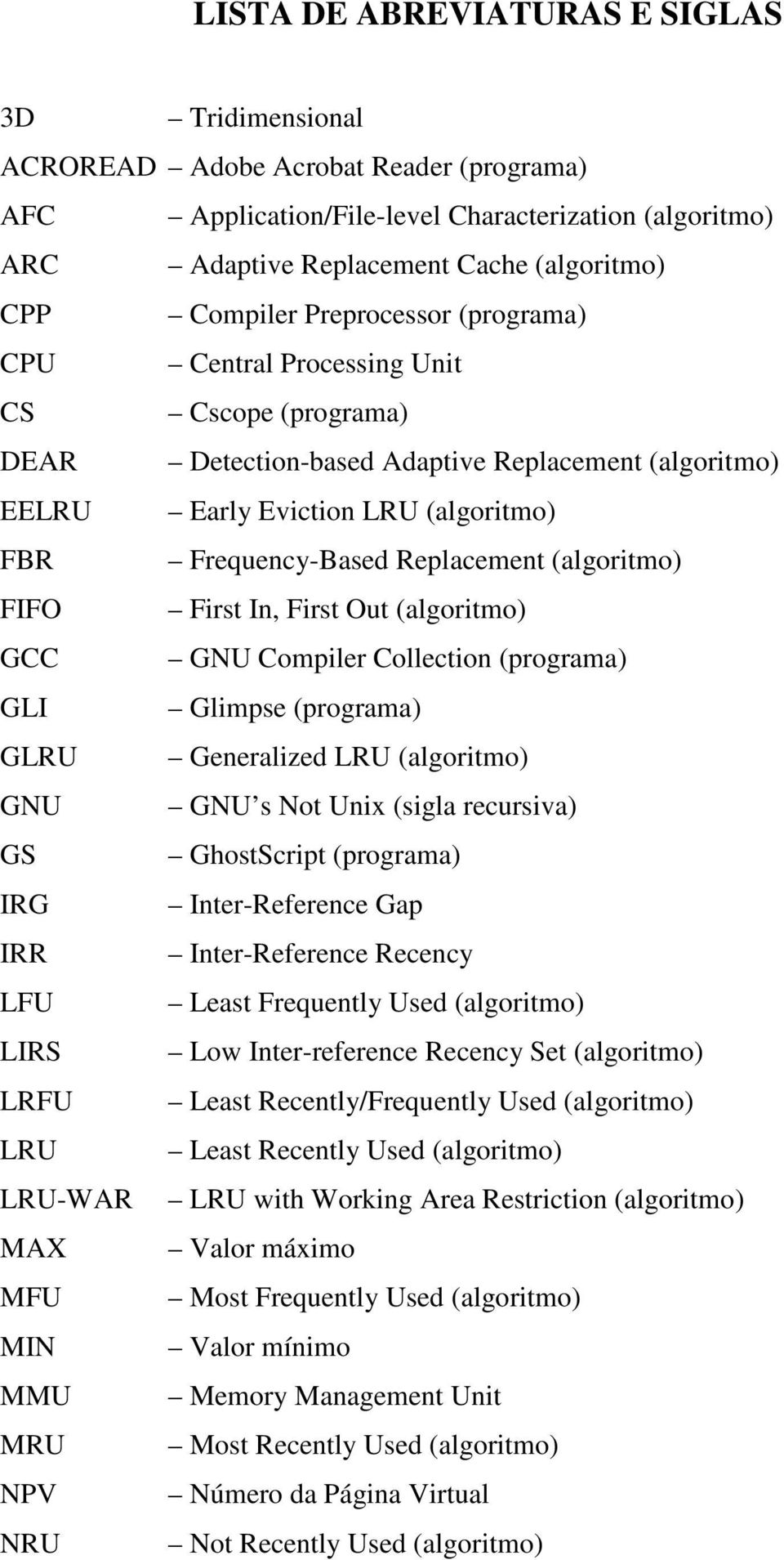 Replacement (algoritmo) FIFO First In, First Out (algoritmo) GCC GNU Compiler Collection (programa) GLI Glimpse (programa) GLRU Generalized LRU (algoritmo) GNU GNU s Not Unix (sigla recursiva) GS