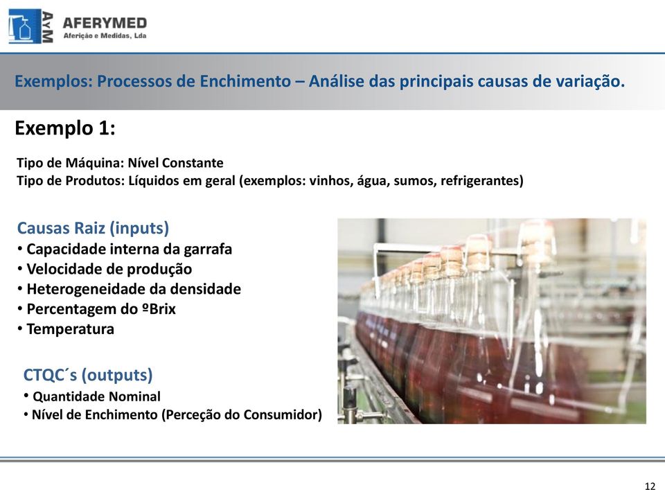 sumos, refrigerantes) Causas Raiz (inputs) Capacidade interna da garrafa Velocidade de produção