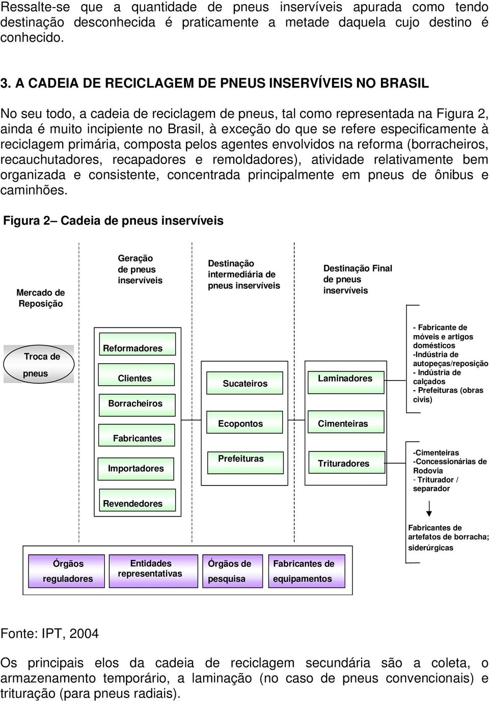 especificamente à reciclagem primária, composta pelos agentes envolvidos na reforma (borracheiros, recauchutadores, recapadores e remoldadores), atividade relativamente bem organizada e consistente,