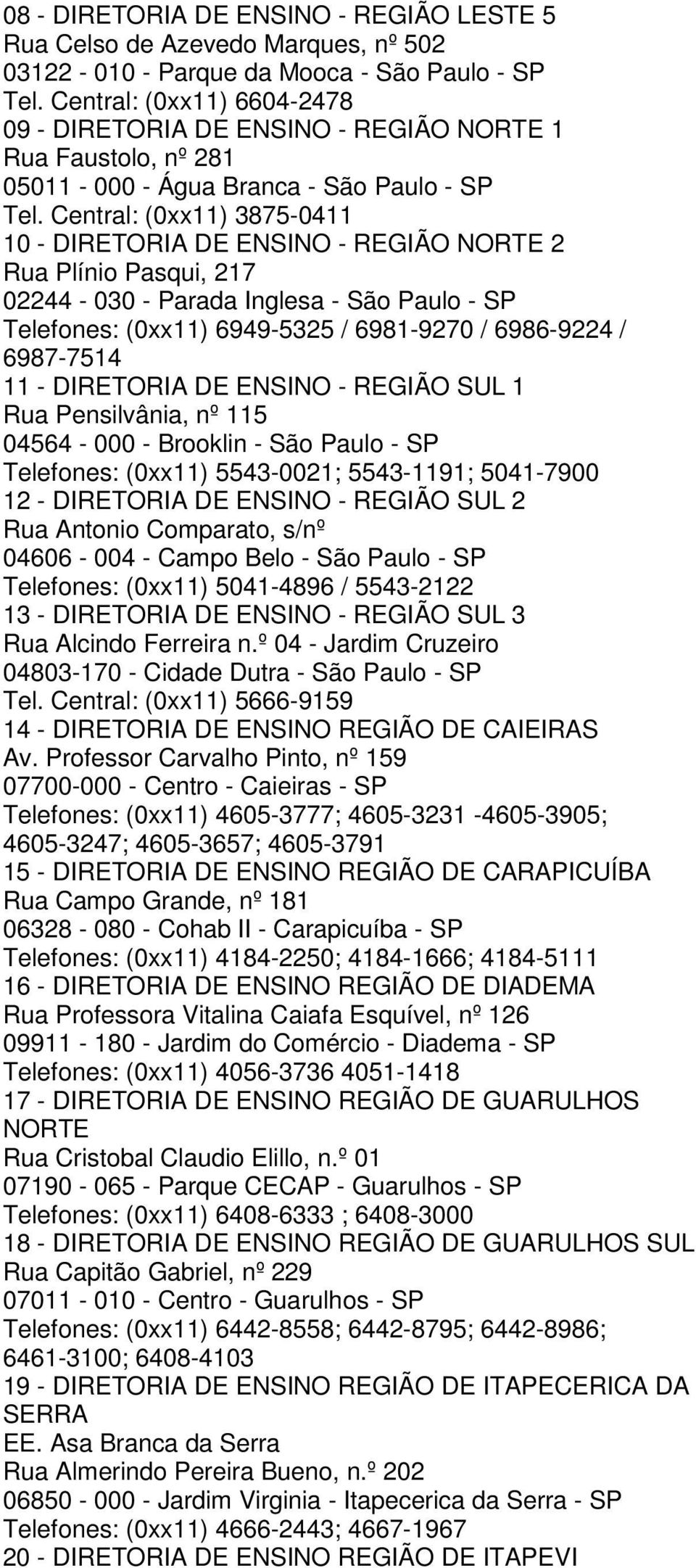 Central: (0xx11) 3875-0411 10 - DIRETORIA DE ENSINO - REGIÃO NORTE 2 Rua Plínio Pasqui, 217 02244-030 - Parada Inglesa - São Paulo - SP Telefones: (0xx11) 6949-5325 / 6981-9270 / 6986-9224 /