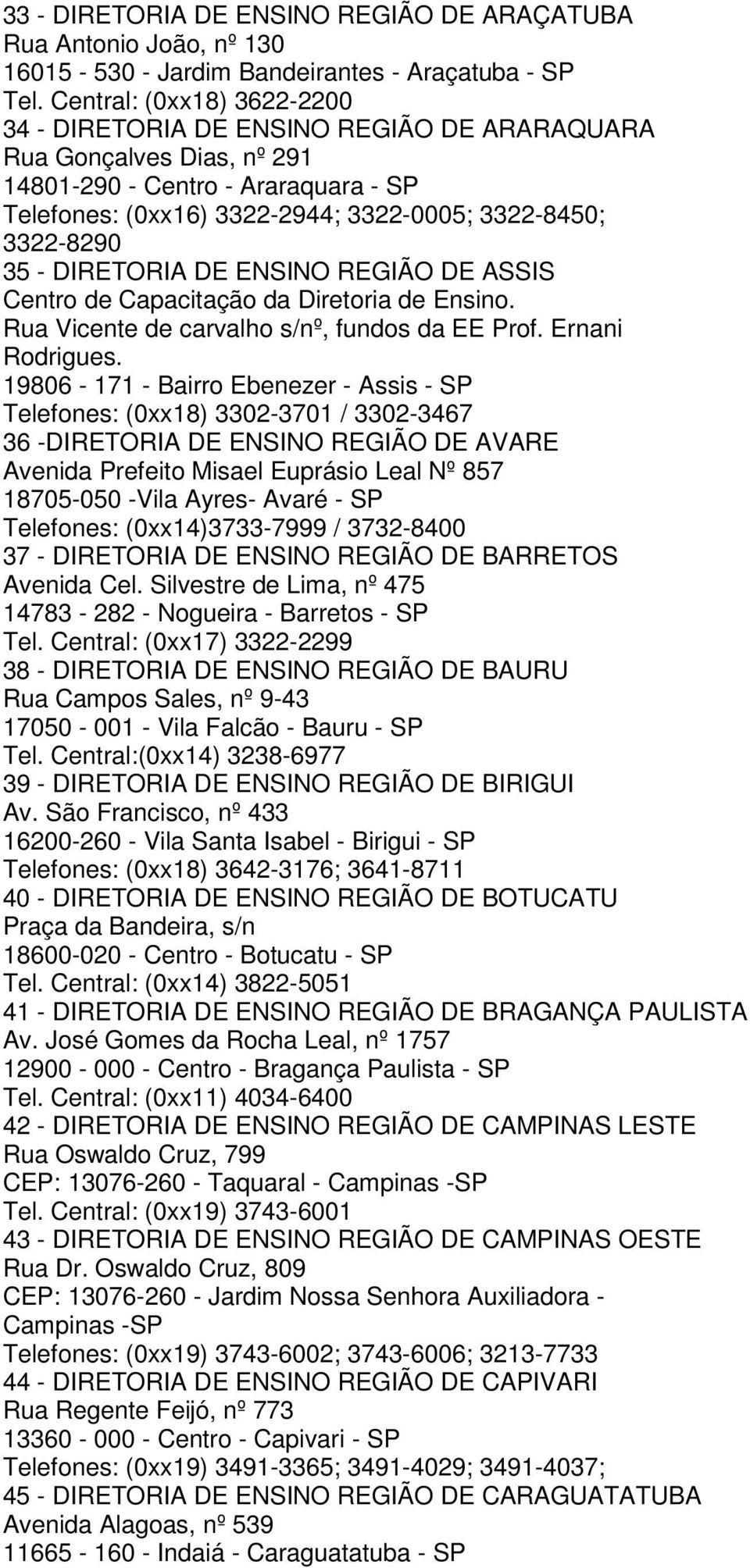 35 - DIRETORIA DE ENSINO REGIÃO DE ASSIS Centro de Capacitação da Diretoria de Ensino. Rua Vicente de carvalho s/nº, fundos da EE Prof. Ernani Rodrigues.