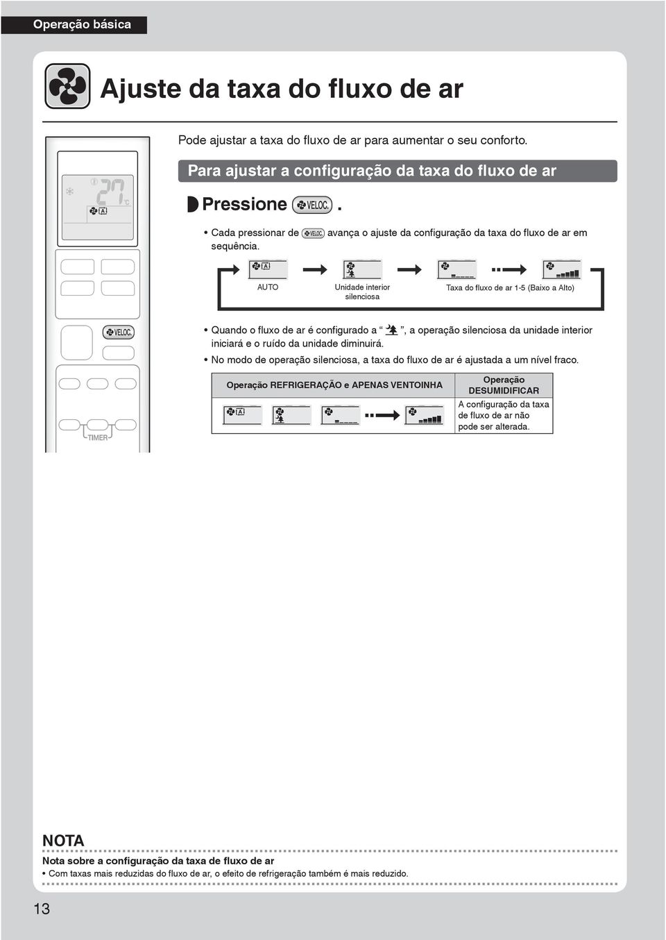 avança o ajuste da confi guração da taxa do fl uxo de ar em AUTO Unidade interior silenciosa Taxa do fluxo de ar 1-5 (Baixo a Alto) Quando o fl uxo de ar é confi gurado a, a operação silenciosa da