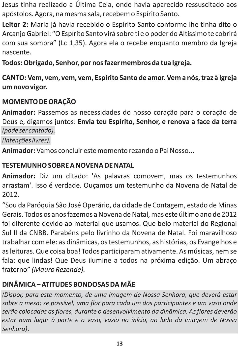 Agora ela o recebe enquanto membro da Igreja nascente. Todos: Obrigado, Senhor, por nos fazer membros da tua Igreja. CANTO: Vem, vem, vem, vem, Espírito Santo de amor.