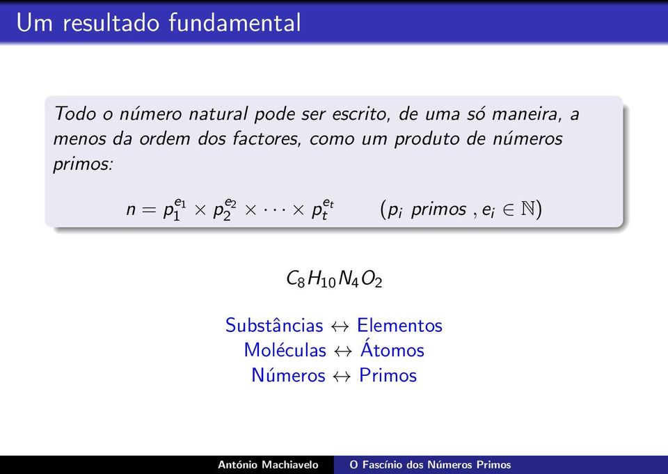 de números primos: n = p e 1 1 pe 2 2 pet t (p i primos, e i N) C