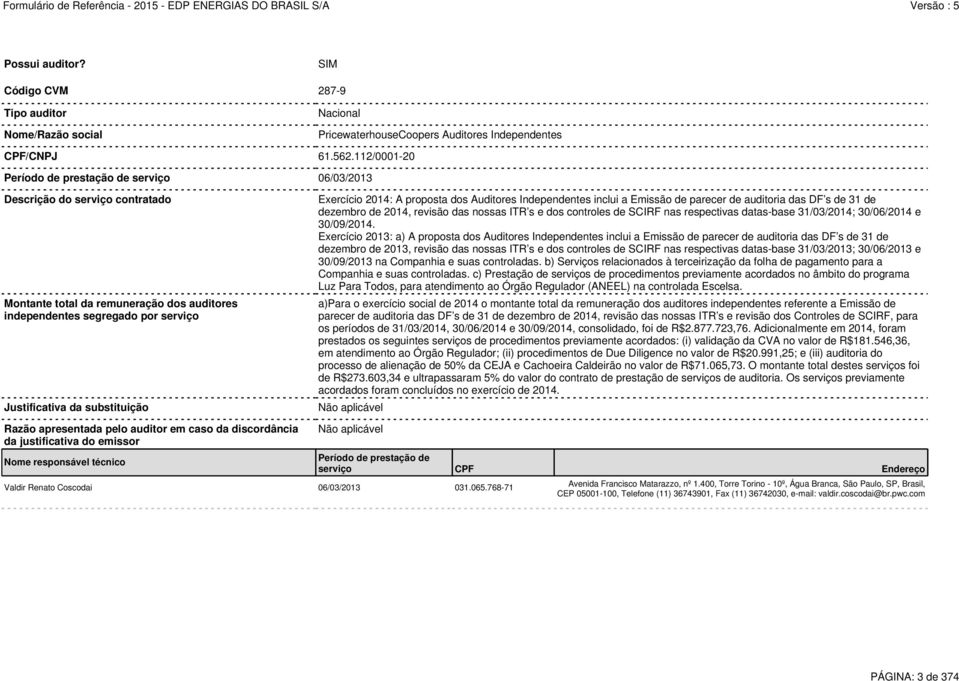 Exercício 2014: A proposta dos Auditores Independentes inclui a Emissão de parecer de auditoria das DF s de 31 de dezembro de 2014, revisão das nossas ITR s e dos controles de SCIRF nas respectivas