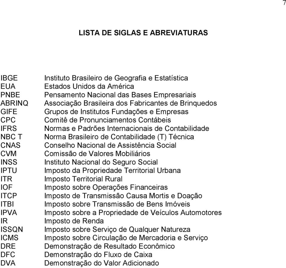 Padrões Internacionais de Contabilidade Norma Brasileiro de Contabilidade (T) Técnica Conselho Nacional de Assistência Social Comissão de Valores Mobiliários Instituto Nacional do Seguro Social