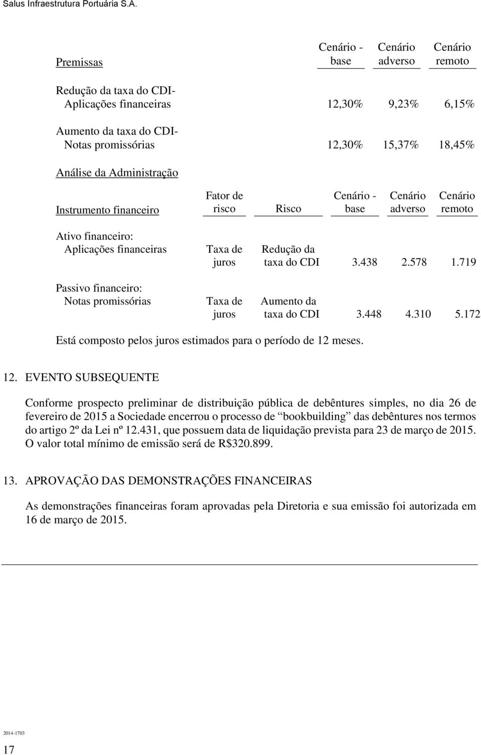 Administração Instrumento financeiro Fator de risco Risco Cenário - base Cenário adverso Cenário remoto Ativo financeiro: Aplicações financeiras Passivo financeiro: Notas promissórias Taxa de juros