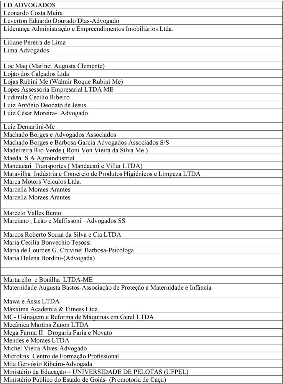 Lojas Rubini Me (Walmir Roque Rubini Me) Lopes Assessoria Empresarial LTDA ME Ludimila Cecílio Ribeiro Luiz Antônio Deodato de Jesus Luiz César Moreira- Advogado Luiz Demartini-Me Machado Borges e