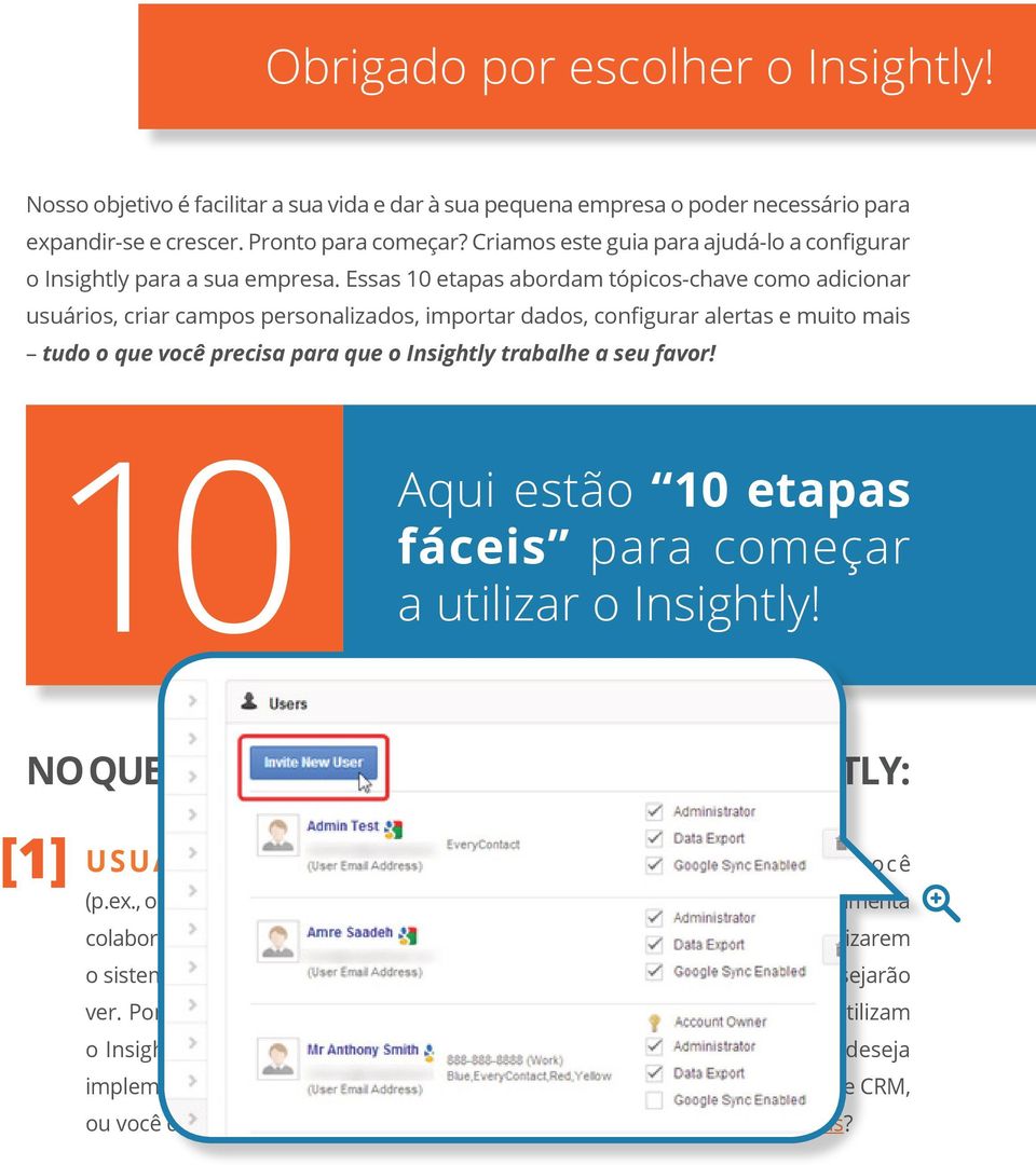 Essas 10 etapas abordam tópicos-chave como adicionar usuários, criar campos personalizados, importar dados, configurar alertas e muito mais tudo o que você precisa para que o Insightly trabalhe a seu