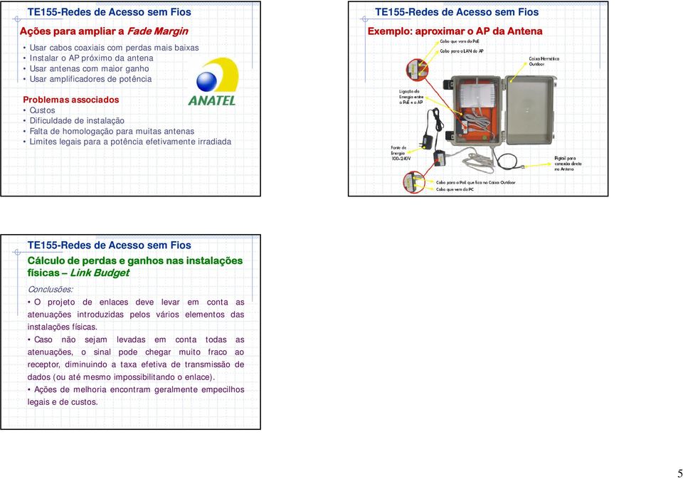 físicas Link Budget Conclusões: O projeto de enlaces deve levar em conta as atenuações introduzidas pelos vários elementos das instalações físicas.