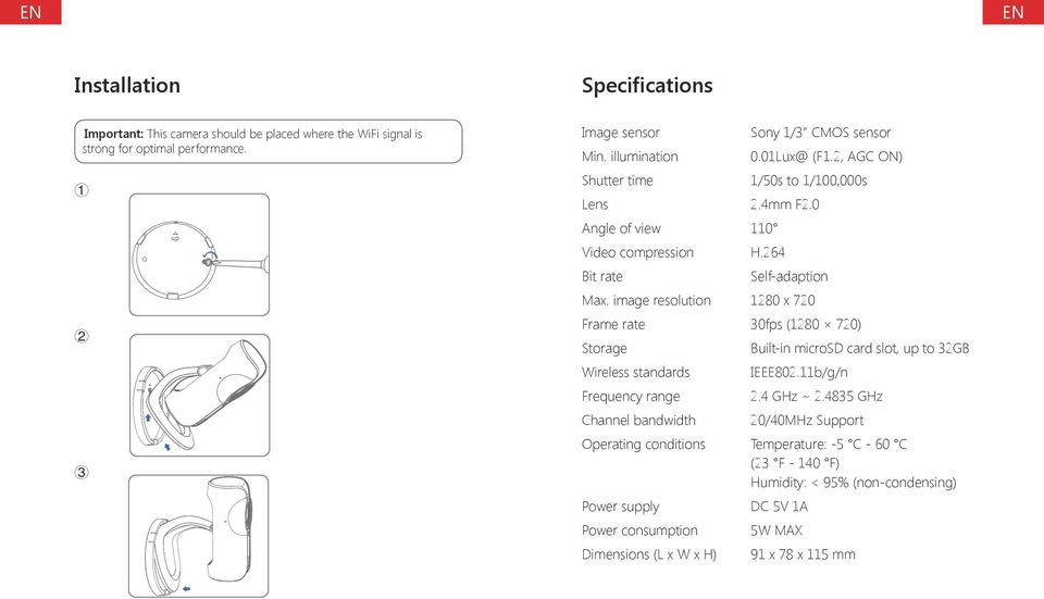 image resolution 1280 x 720 Frame rate 30fps (1280 720) Storage Built-in microsd card slot, up to 32GB Wireless standards IEEE802.11b/g/n Frequency range 2.4 GHz ~ 2.