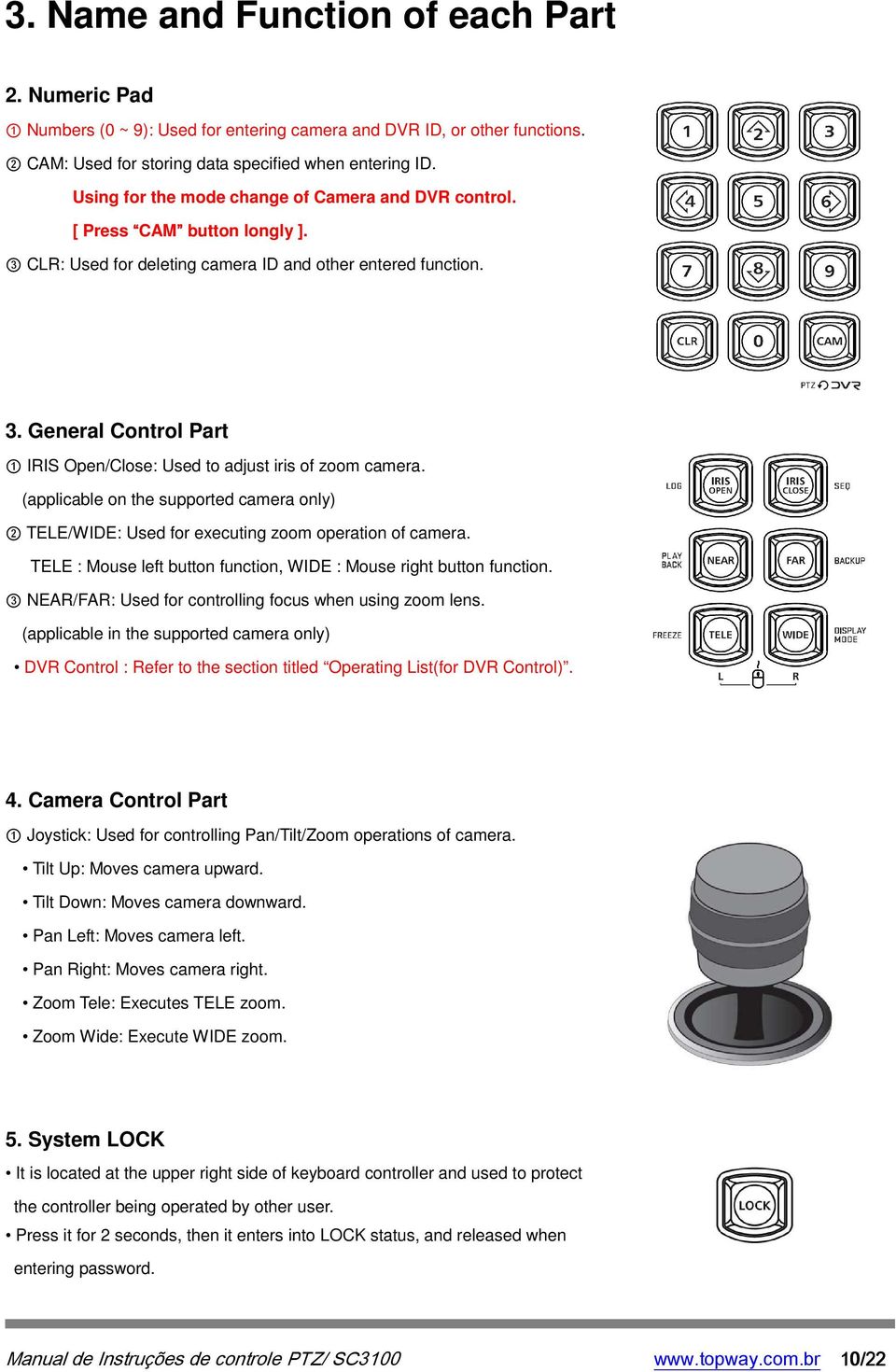 (applicable on the supported camera only) 2 TELE/WIDE: Used for executing zoom operation of camera. TELE : Mouse left button function, WIDE : Mouse right button function.