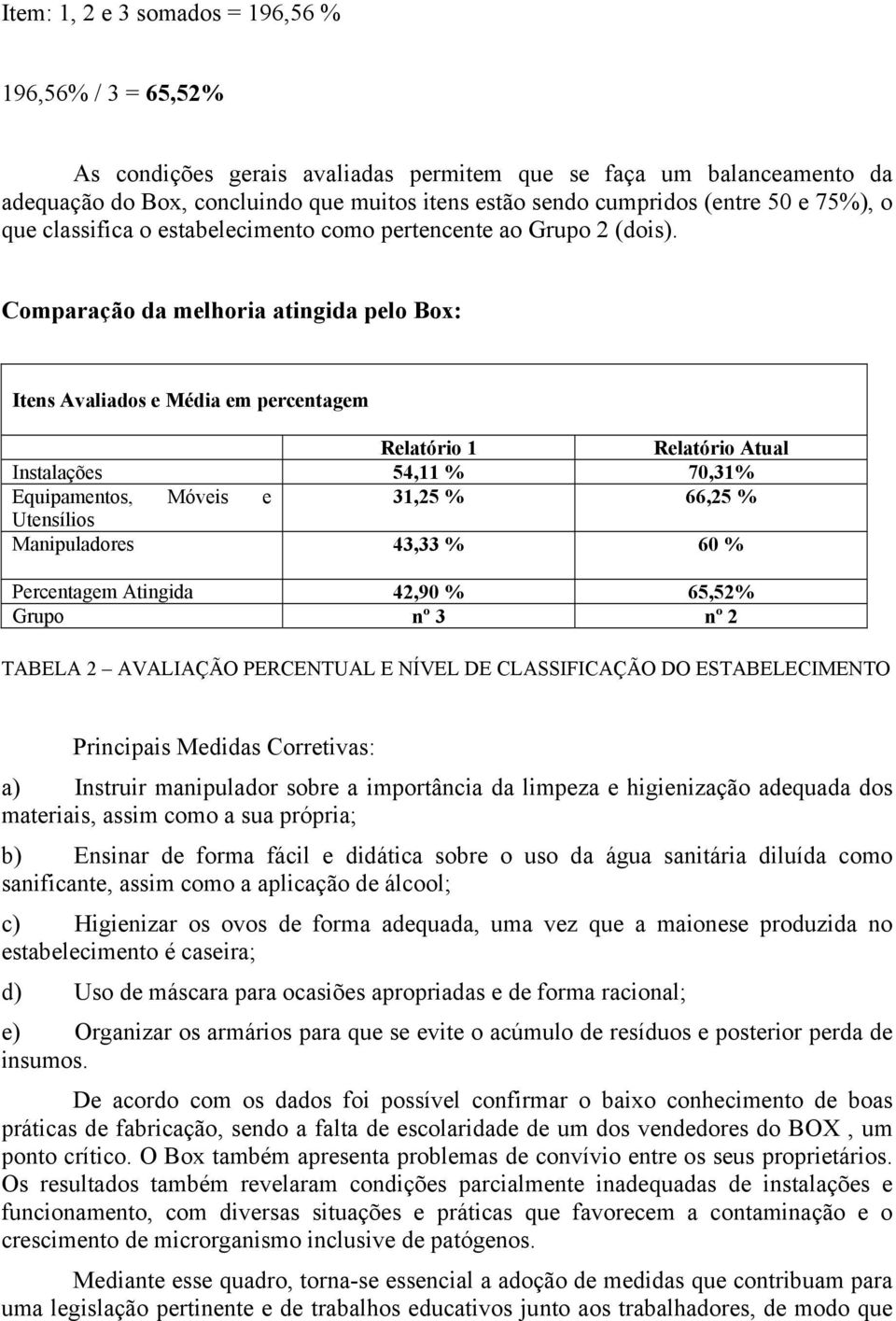 Comparação da melhoria atingida pelo Box: Itens Avaliados e Média em percentagem Relatório 1 Relatório Atual Instalações 54,11 % 70,31% Equipamentos, Móveis e 31,25 % 66,25 % Utensílios Manipuladores