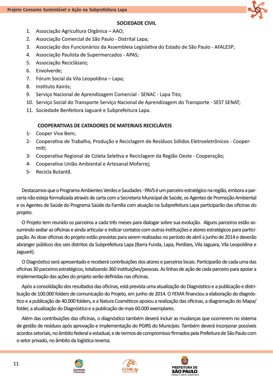 Fórum Social da Vila Leopoldina Lapa; 8. Instituto Kairós; 9. Serviço Nacional de Aprendizagem Comercial - SENAC - Lapa Tito; 10.