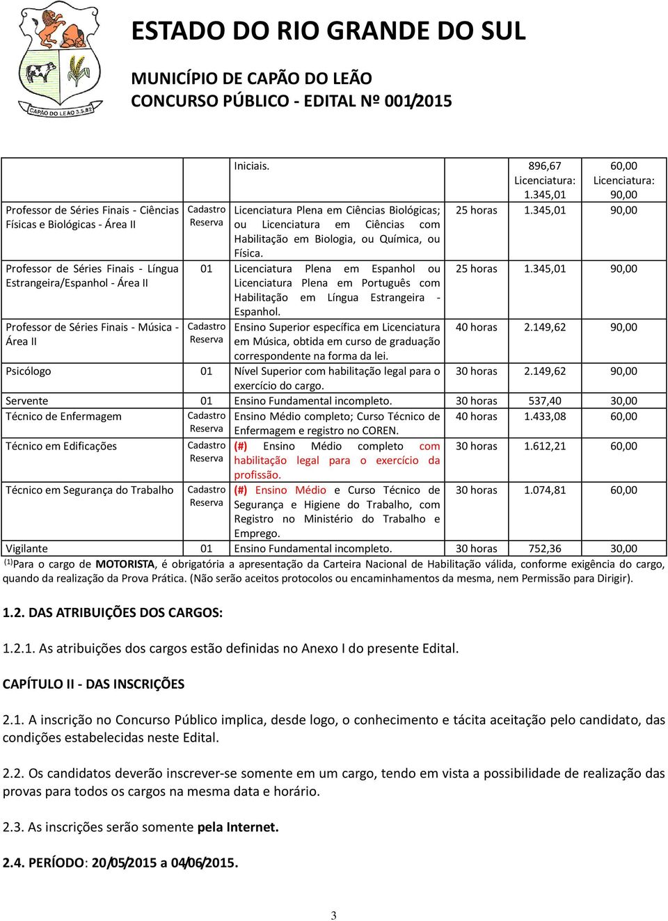 01 Licenciatura Plena em Espanhol ou Licenciatura Plena em Português com Habilitação em Língua Estrangeira - Espanhol.