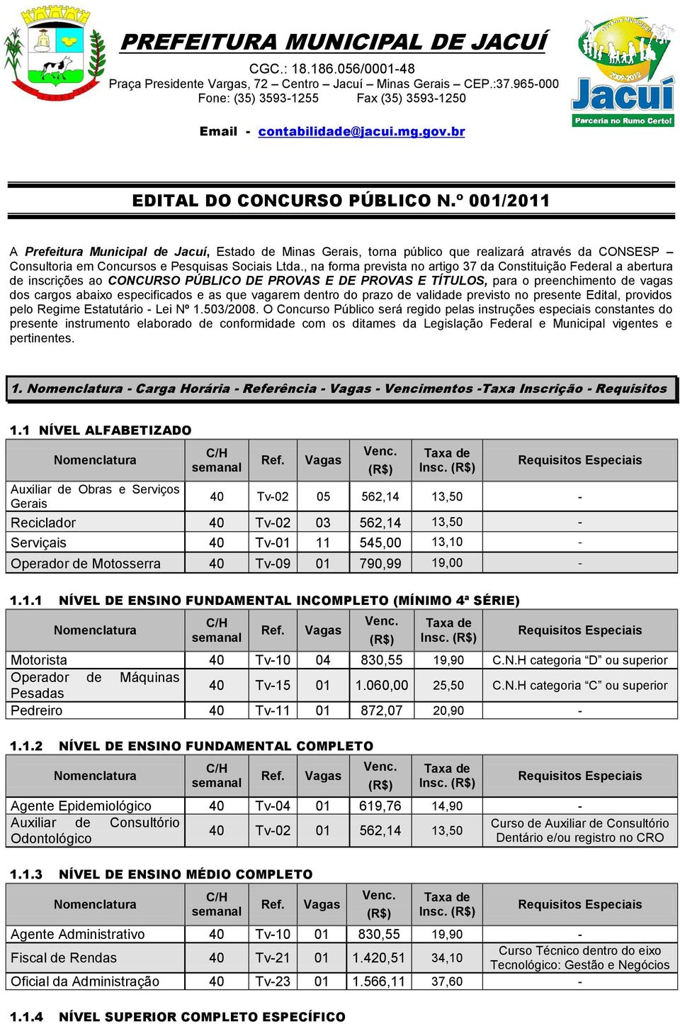 , na forma prevista no artigo 37 da Constituição Federal a abertura de inscrições ao CONCURSO PÚBLICO DE PROVAS E DE PROVAS E TÍTULOS, para o preenchimento de vagas dos cargos abaixo especificados e