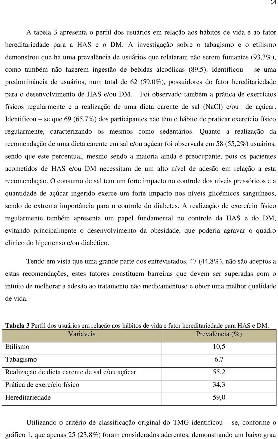 Identificou se uma predominância de usuários, num total de 62 (59,0%), possuidores do fator hereditariedade para o desenvolvimento de HAS e/ou DM.