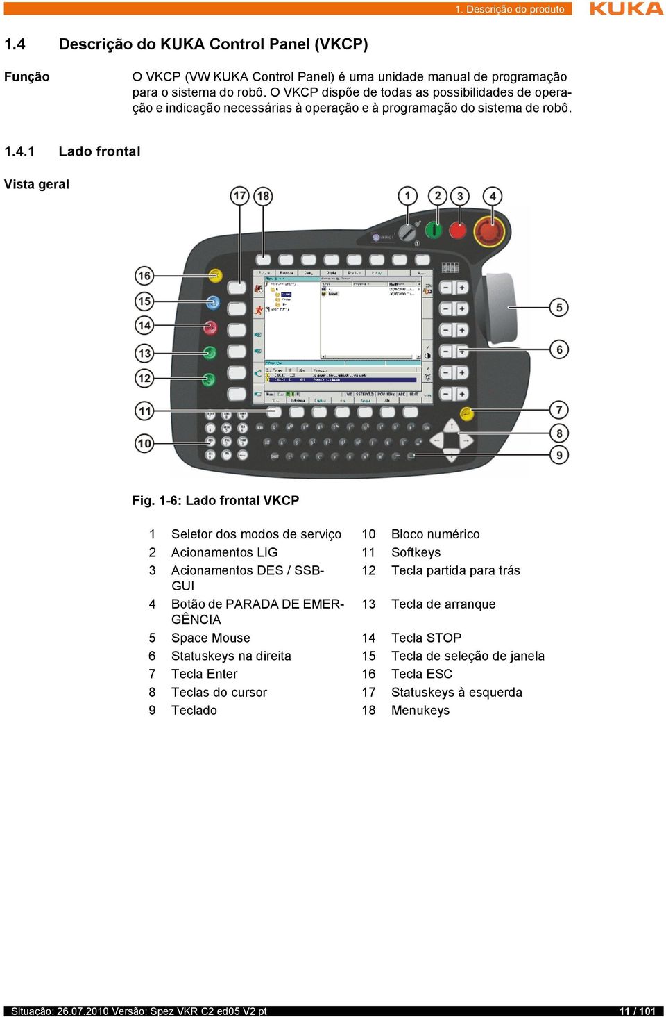 1-6: Lado frontal VKCP 1 Seletor dos modos de serviço 10 Bloco numérico 2 Acionamentos LIG 11 Softkeys 3 Acionamentos DES / SSB- 12 Tecla partida para trás GUI 4 Botão de PARADA DE EMER- 13