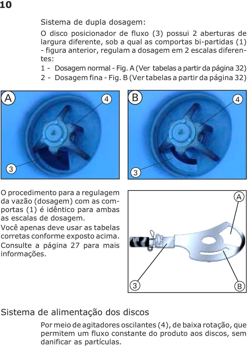 B (Ver tabelas a partir da página 32) A 4 B 4 3 3 O procedimento para a regulagem da vazão (dosagem) com as comportas (1) é idêntico para ambas as escalas de dosagem.