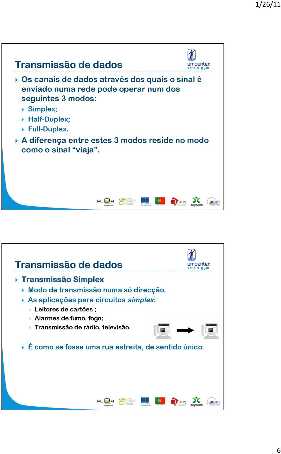 Transmissão de dados Transmissão Simplex Modo de transmissão numa só direcção.