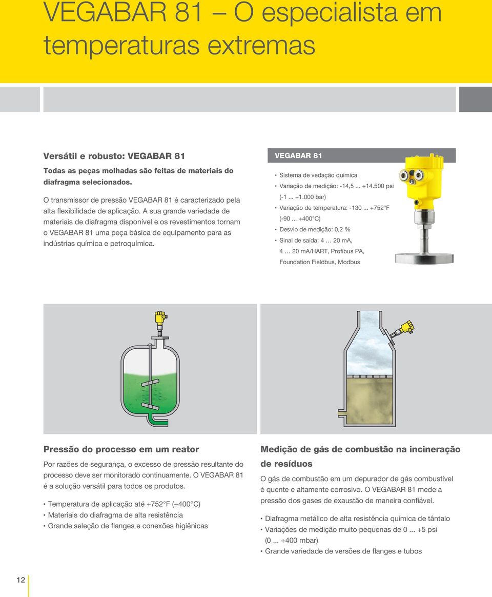 A sua grande variedade de materiais de diafragma disponível e os revestimentos tornam o VEGABAR 81 uma peça básica de equipamento para as indústrias química e petroquímica.