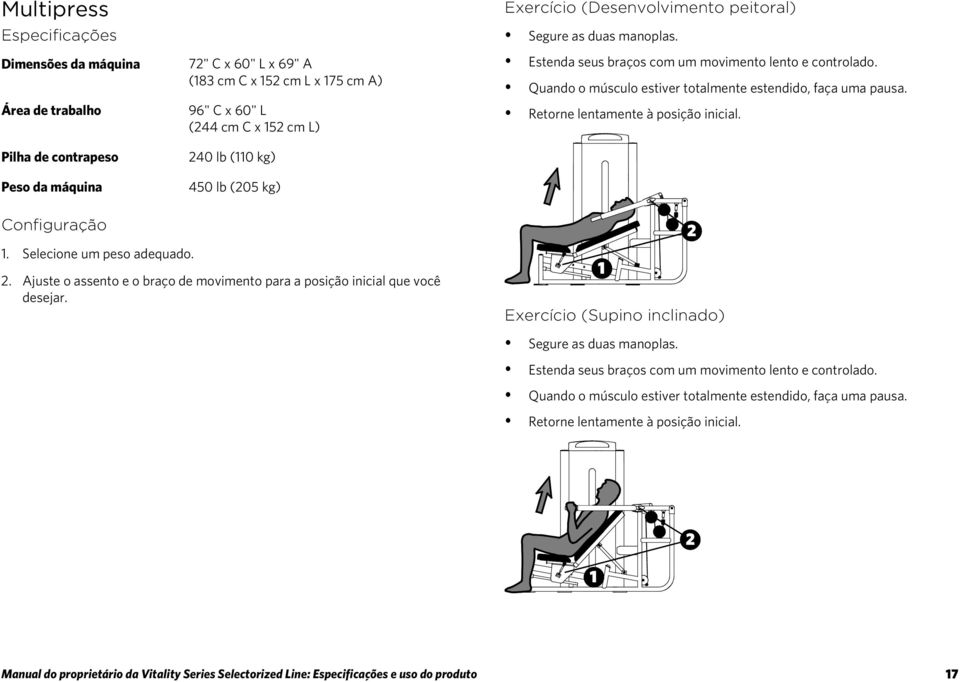 Quando o músculo estiver totalmente estendido, faça uma pausa. Retorne lentamente à posição inicial. Configuração 1. Selecione um peso adequado. 2.